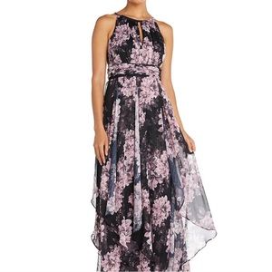Floral Print Sleeveless Keyhole Halter Neck Ruched Waist Chiffon Dress
